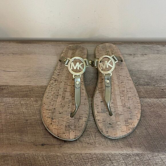 Michael Kors Women's Size 10 MK Gold Charm  Jelly Cork Flip Flop Sandals - Picture 1 of 7
